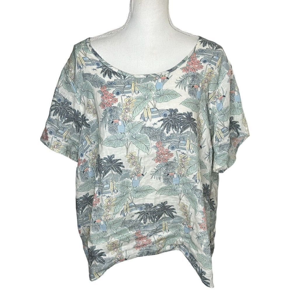 Tahari Plus 2X Top 100% Linen Short Sleeve Lightweight Tunic Woven Tee Shirt